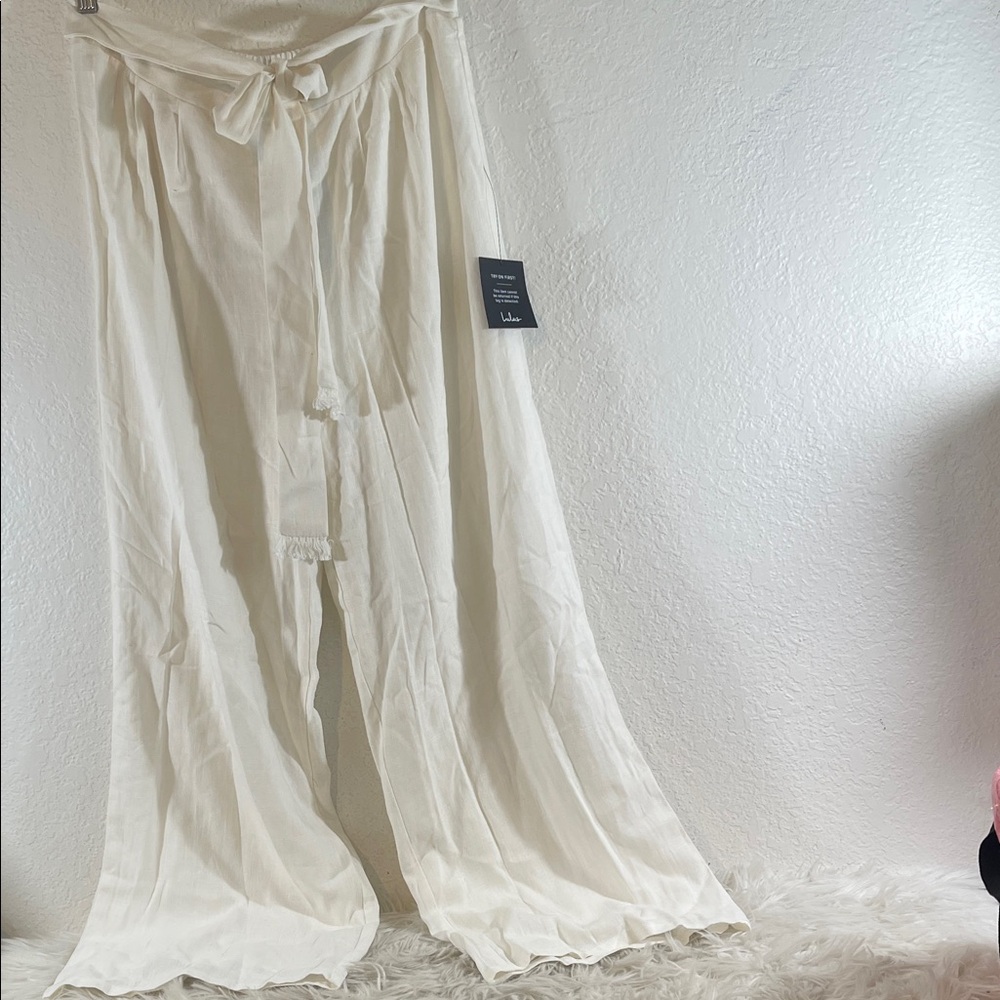 Lulus White Linen Blend with Bow Belted High-Waisted Wide-Leg Pants Size XL NEW - Picture 1 of 9